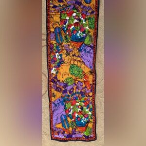 Vintage Carole Little Silk Scarf Japan Colorful Village Floral Oblong 10x51